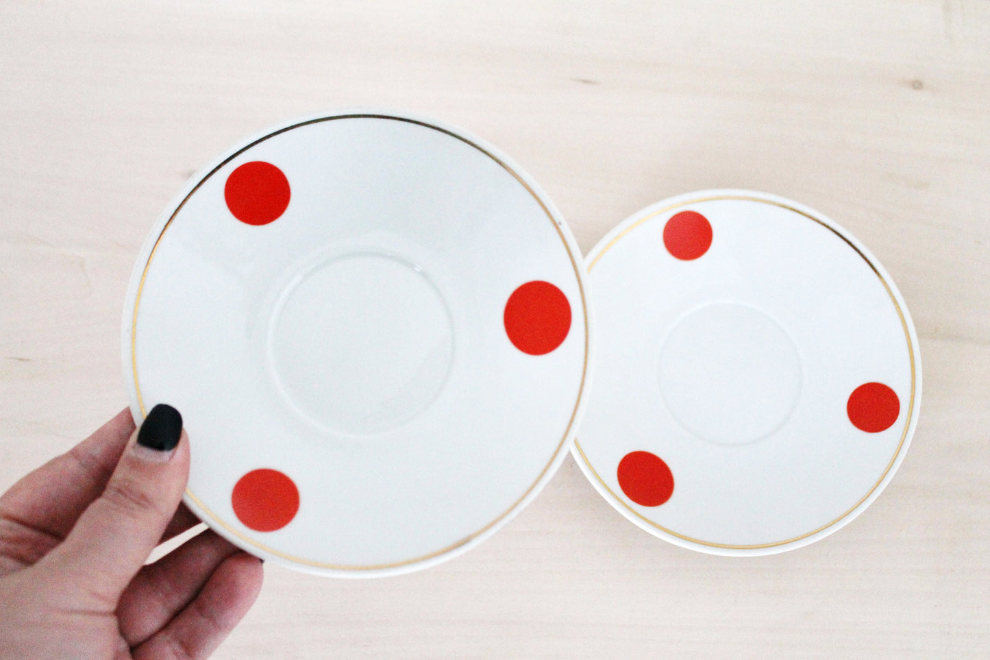 Set of two soviet polka dot vintage saucers - vintage USSR ceramic rare saucers from servise - Dovbysky Porcelain Factory - 1970s