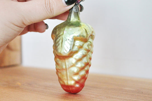 Pine Cone Christmas tree toy decoration 3.6 inches - Yellow Pink - Christmas - New Year Glass Ornament, Made in USSR - 1970s