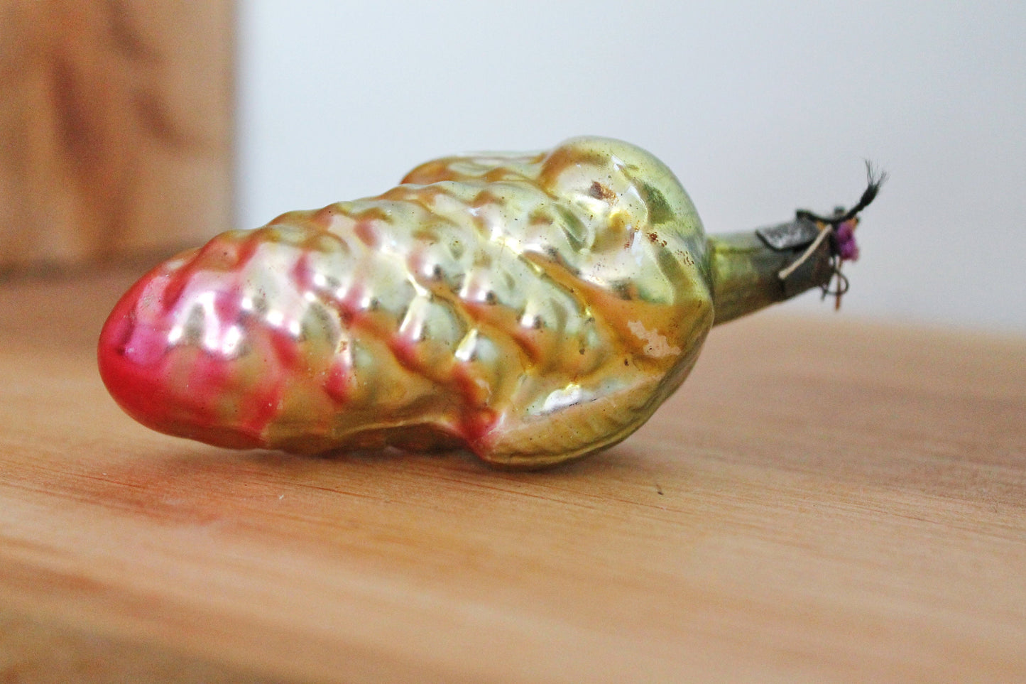 Pine Cone Christmas tree toy decoration 3.6 inches - Yellow Pink - Christmas - New Year Glass Ornament, Made in USSR - 1970s