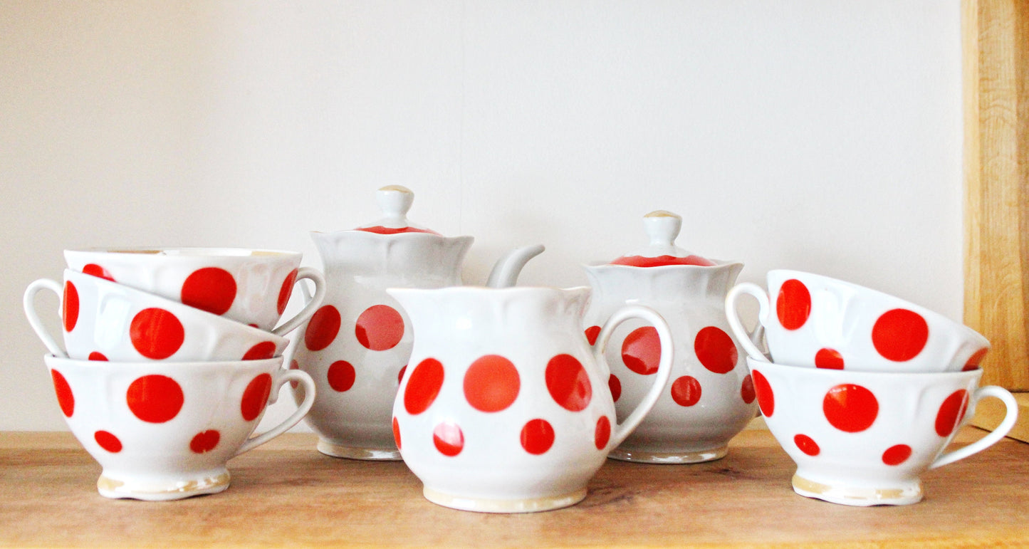 Lovely Rare Soviet vintage tea set, Soviet Porcelain service, Vintage Porcelain set - Kremges porcelain factory - Polka dot service - 1970s