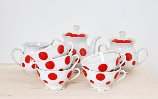 Lovely Rare Soviet vintage tea set, Soviet Porcelain service, Vintage Porcelain set - Kremges porcelain factory - Polka dot service - 1970s