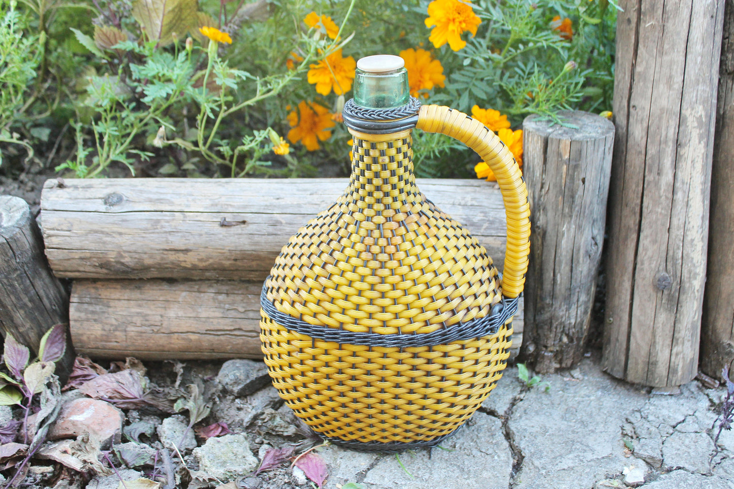 Wicker bottle - 14 inches - Vintage Rustic Soviet Wicker Demijohn Wine Bottle - Brandy glass bottle - made in USSR