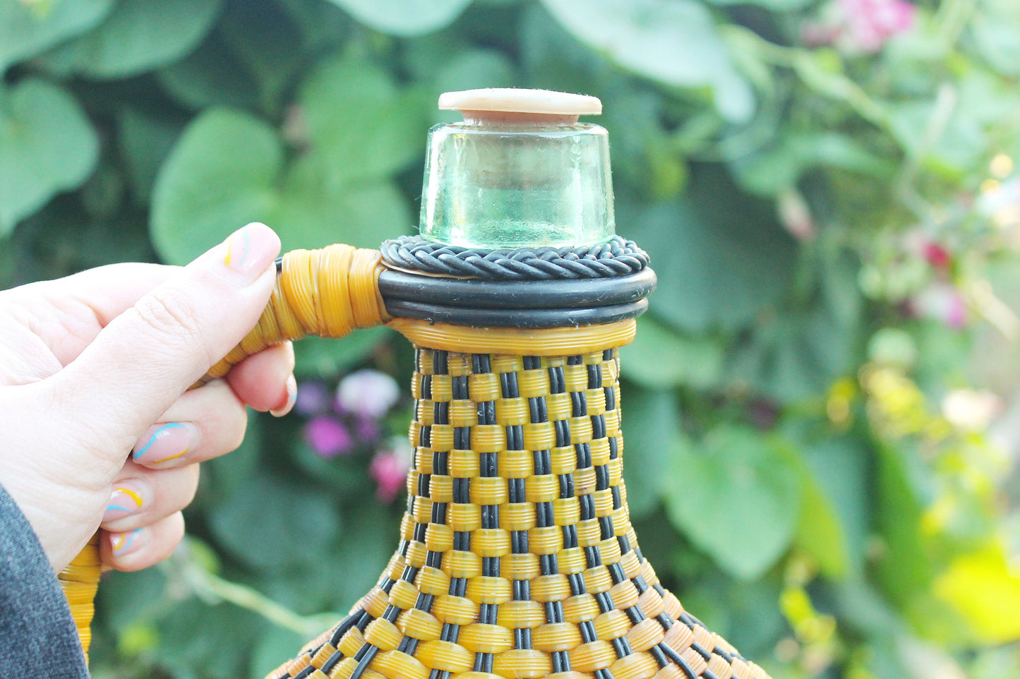 Wicker bottle - 14 inches - Vintage Rustic Soviet Wicker Demijohn Wine Bottle - Brandy glass bottle - made in USSR