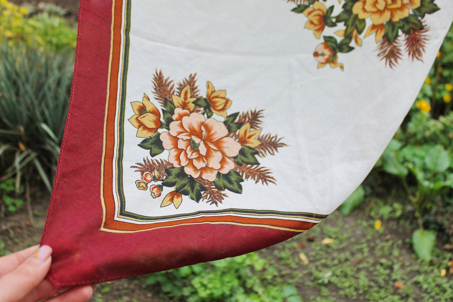 Beautiful floral brown head scarf - 26 inch - vintage-made in Ukraine - Babushka's head scarf - 1990s - Gypsy Shawl, Ethnic Scarf
