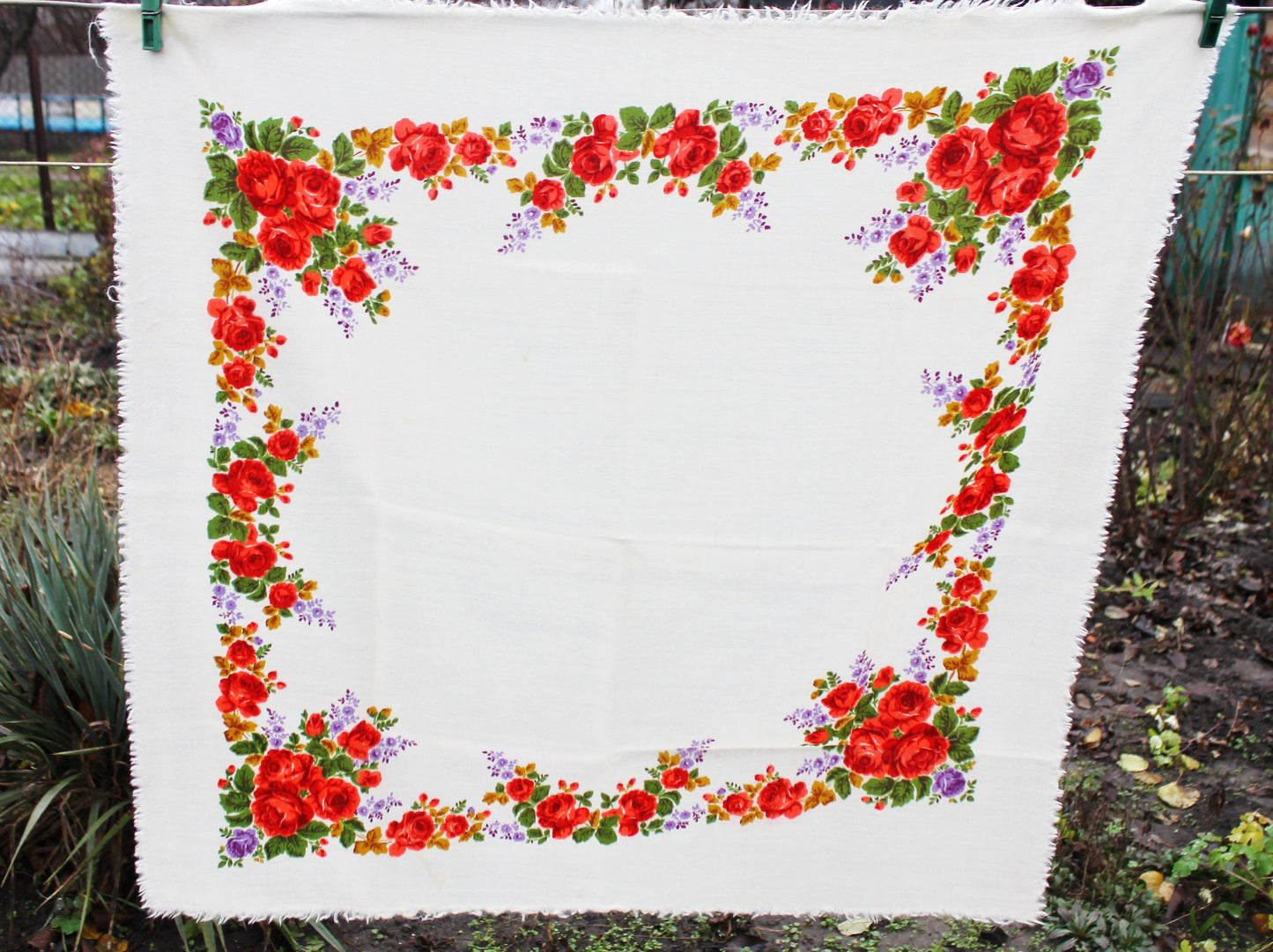Beautiful roses wool head scarf with purple flowers - 28 inch - Soviet vintage-made in USSR - Babushka's head scarf - 1970s