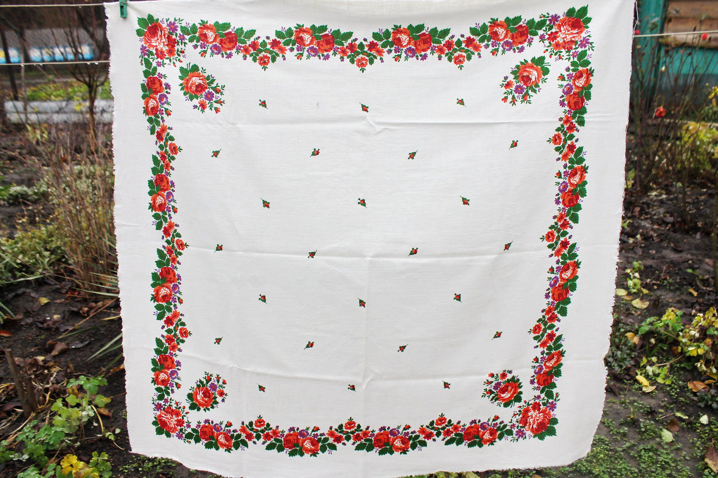 Beautiful roses cotton head scarf - 37 inch - Soviet vintage-made in USSR - Babushka's head scarf - 1970s