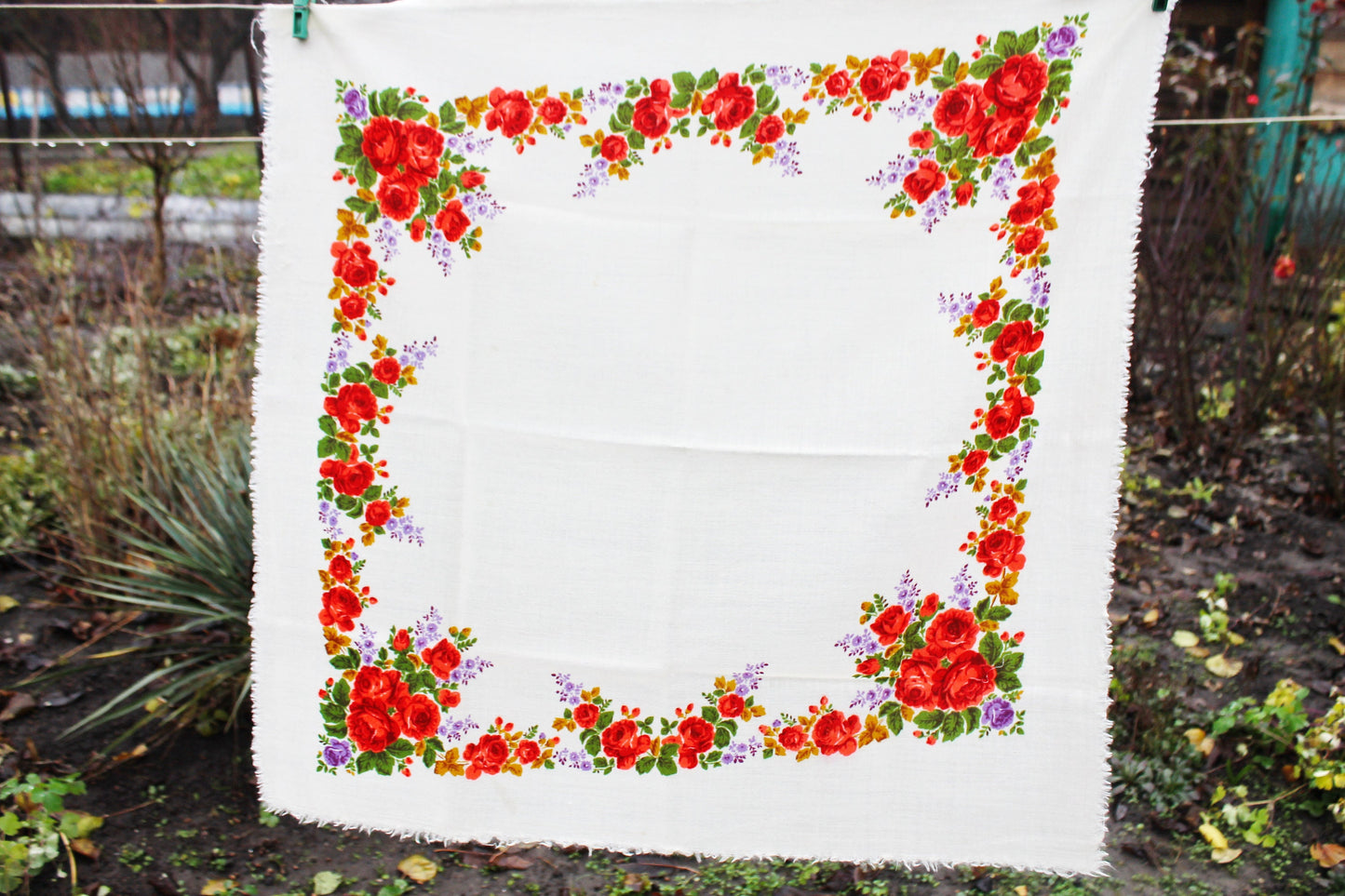 Beautiful roses wool head scarf with purple flowers - 28 inch - Soviet vintage-made in USSR - Babushka's head scarf - 1970s
