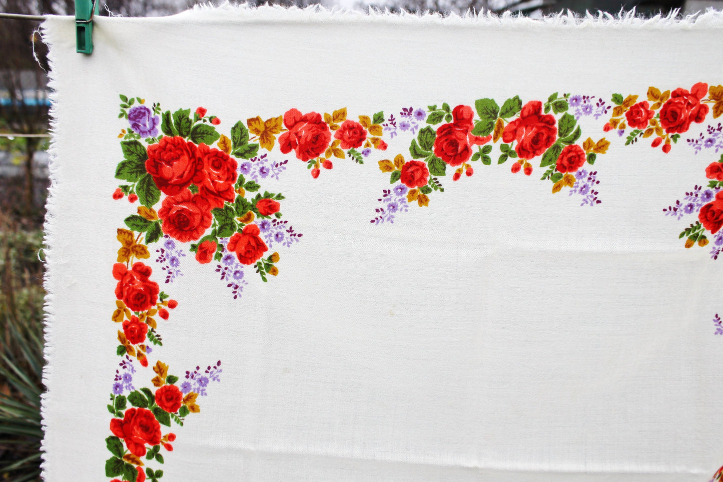Beautiful roses wool head scarf with purple flowers - 28 inch - Soviet vintage-made in USSR - Babushka's head scarf - 1970s