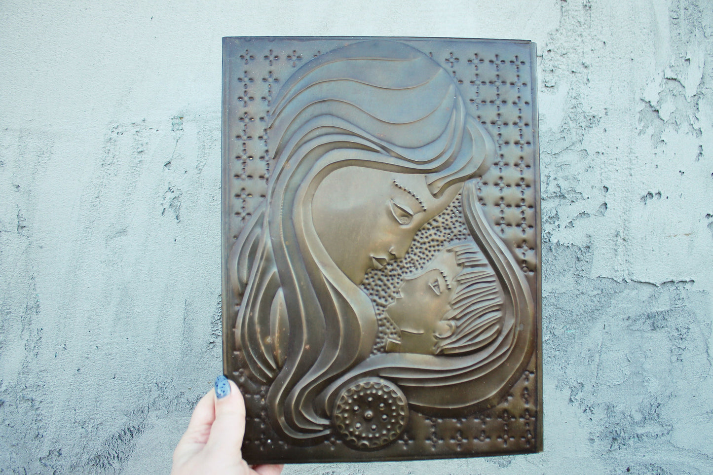 Wall stamping picture "Mother with child" - USSR chased wall plaque - brass stamping panel - vintage wall decor - 1980s