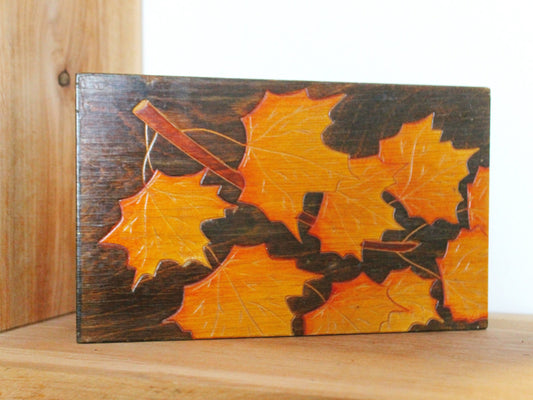 Vintage wooden box 9.8 inches, carved maple leaves - made in Ukraine vintage jewelry box - 1970s