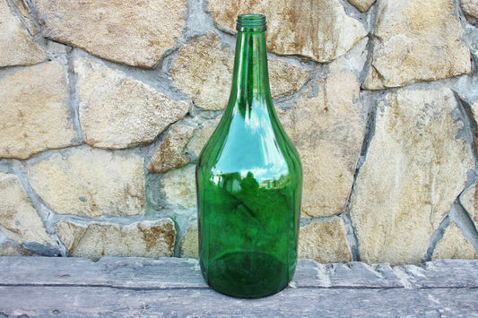 Vintage green glass vine bottle - 12 inches - Soviet Glass Wine Bottle - USSR made bottle - 1960-1970s