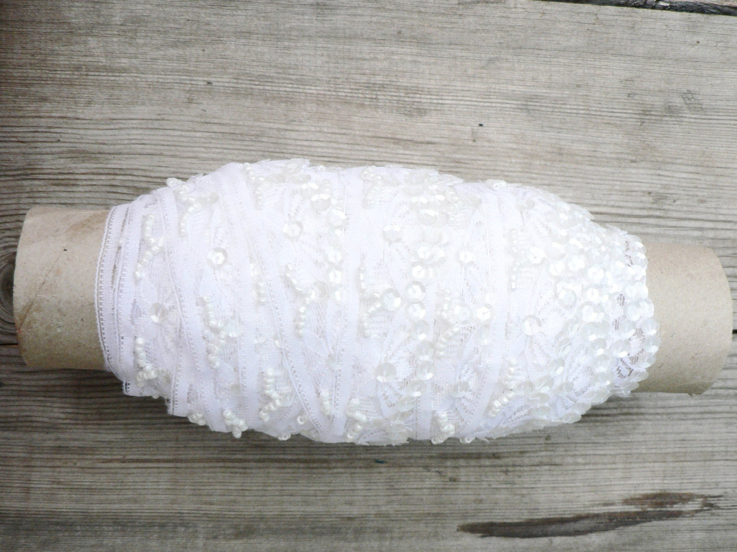 Roll of white vintage lace trimmed with beads and sequins - USSR - vintage 1970s