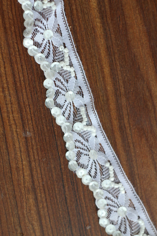 Roll of white vintage lace trimmed with beads and sequins - USSR - vintage 1970s