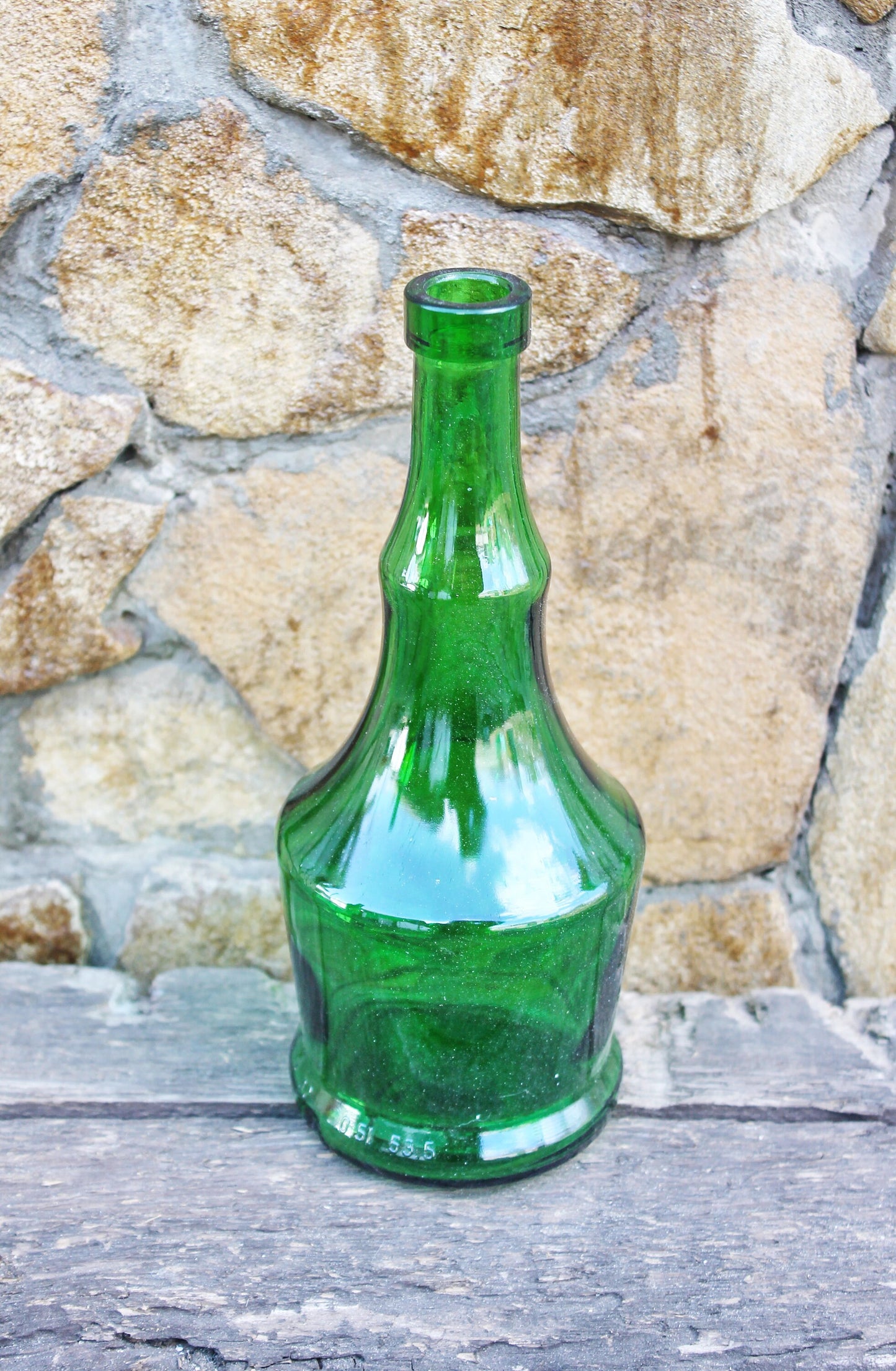 Vintage green glass vine bottle - 9 inches - Soviet Glass Wine Bottle - USSR made bottle - 1960-1970s
