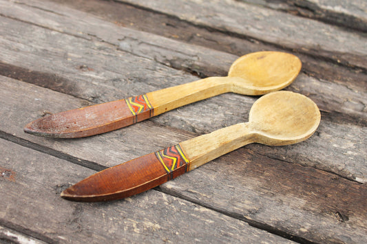 Set of 2 Vintage used Ukrainain wooden spoons. Kitchen decor. USSR vintage spoons - 1960s