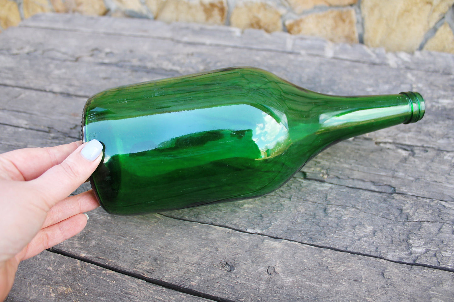 Vintage green glass vine bottle - 12 inches - Soviet Glass Wine Bottle - USSR made bottle - 1960-1970s