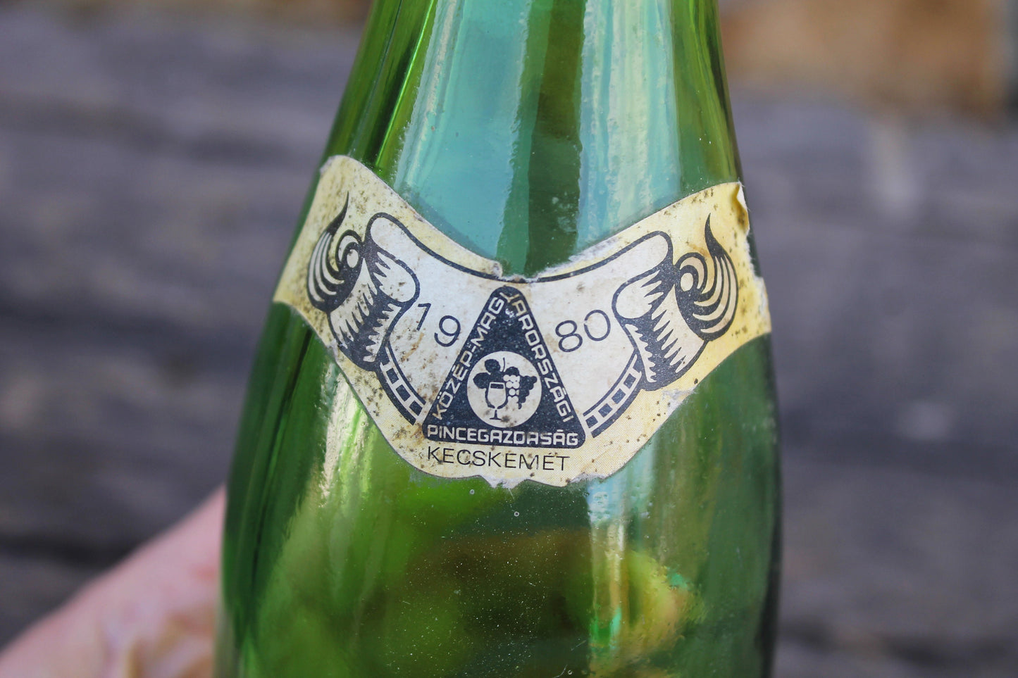 Vintage Hungarian green glass vine bottle - 12 inches - Vintage Glass Wine Bottle - 1980s