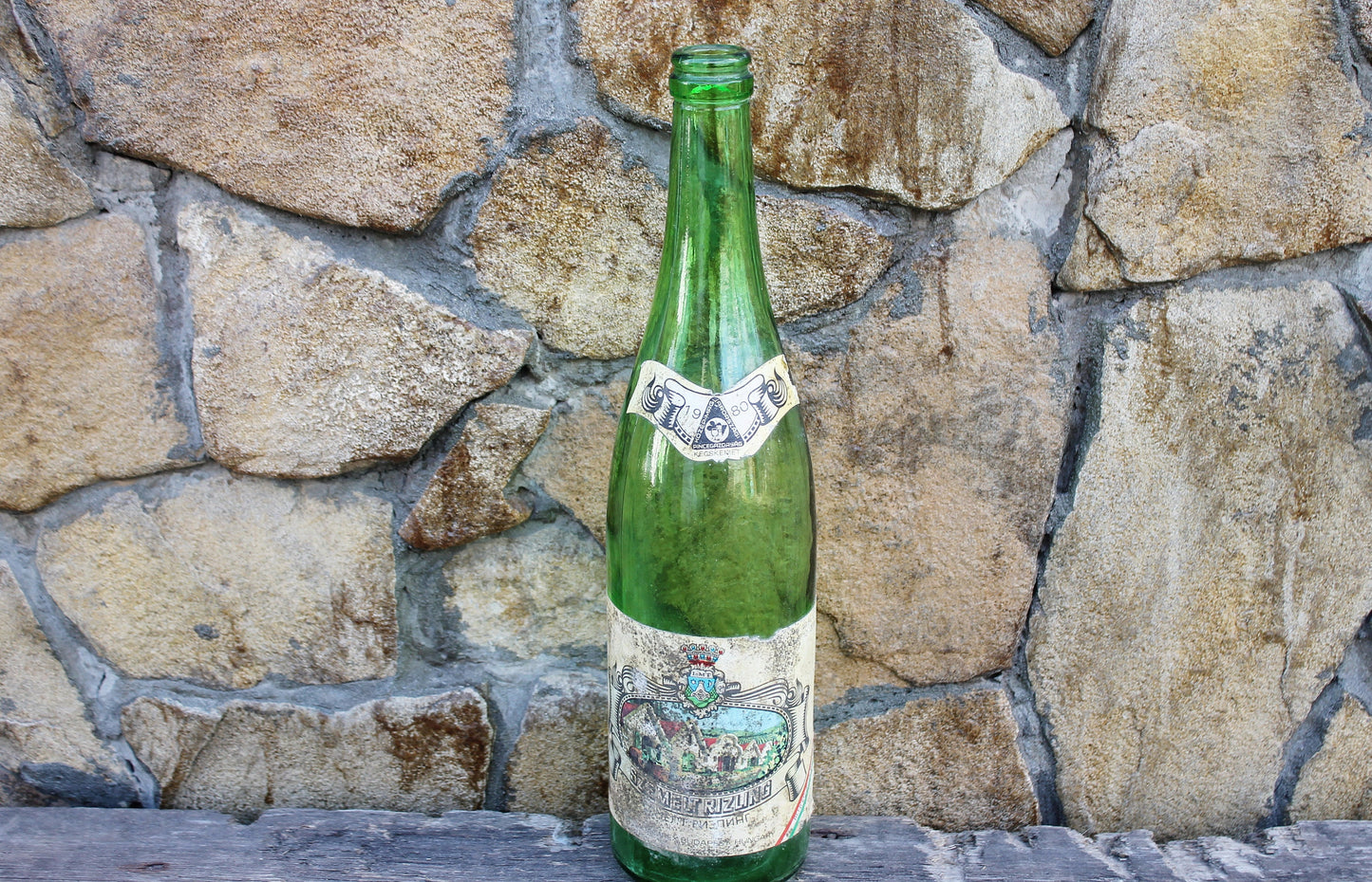 Vintage Hungarian green glass vine bottle - 12 inches - Vintage Glass Wine Bottle - 1980s