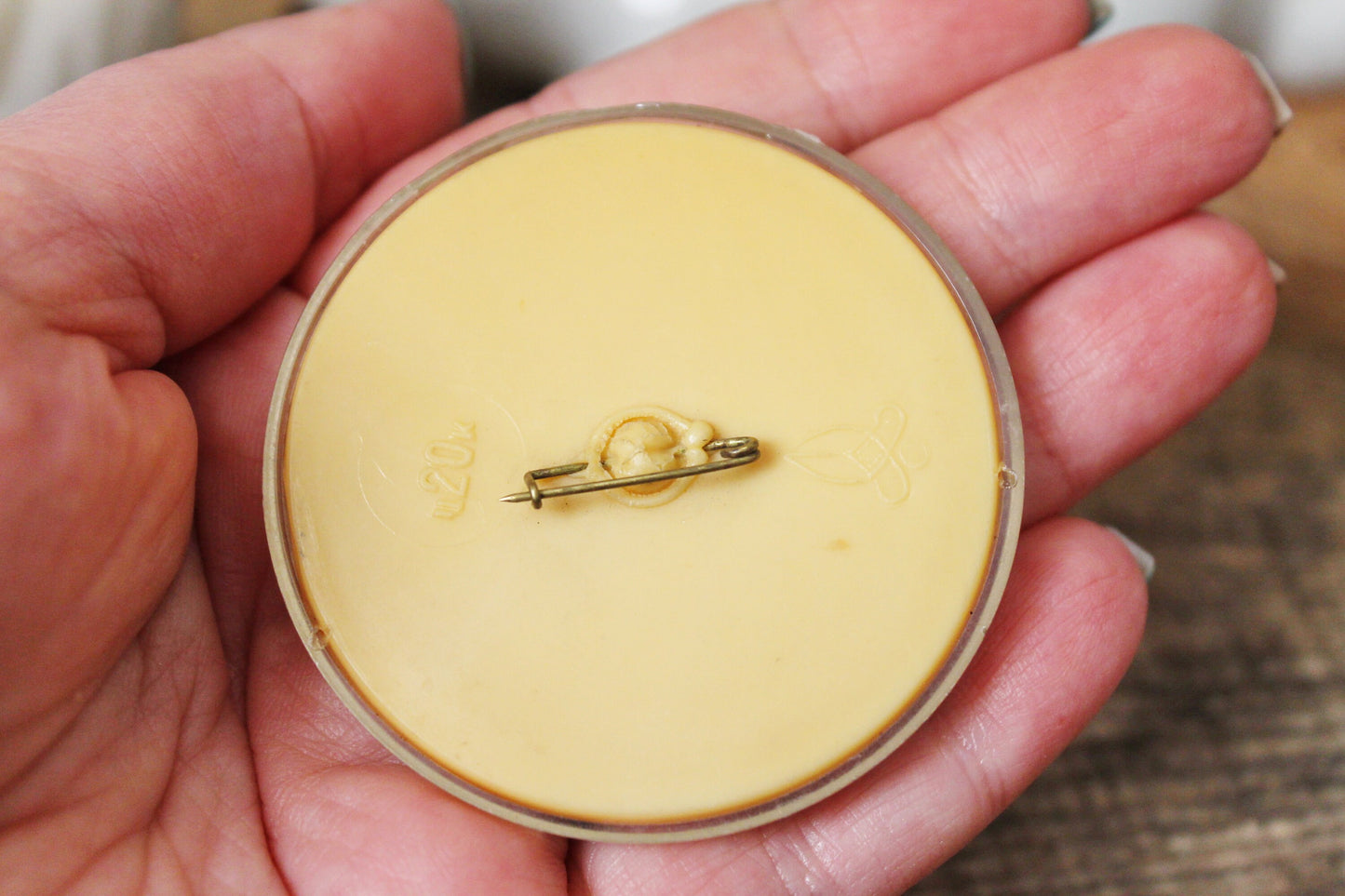 Soviet children's round plastic pin badge - Bonifacius from USSR cartoon - animal, fairytale, made in USSR, 1970s