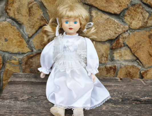 Vintage porcelain Germany cute doll in white dress - 15 inches - Collectible doll - 1970-1980s