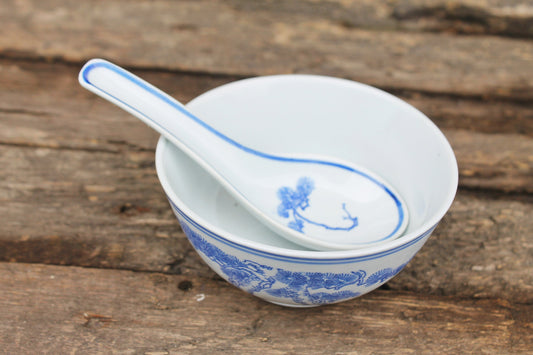 Chinese porcelain vintage set of soup bowl and spoon - 4.3 inches - Oriental Porcelain - China soup plate and spoon