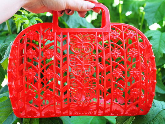 Vintage red kids basket 10 inches - Go shopping - Made in USSR - Plastic basket - Picnic basket - reusable bag - 1980-1990s