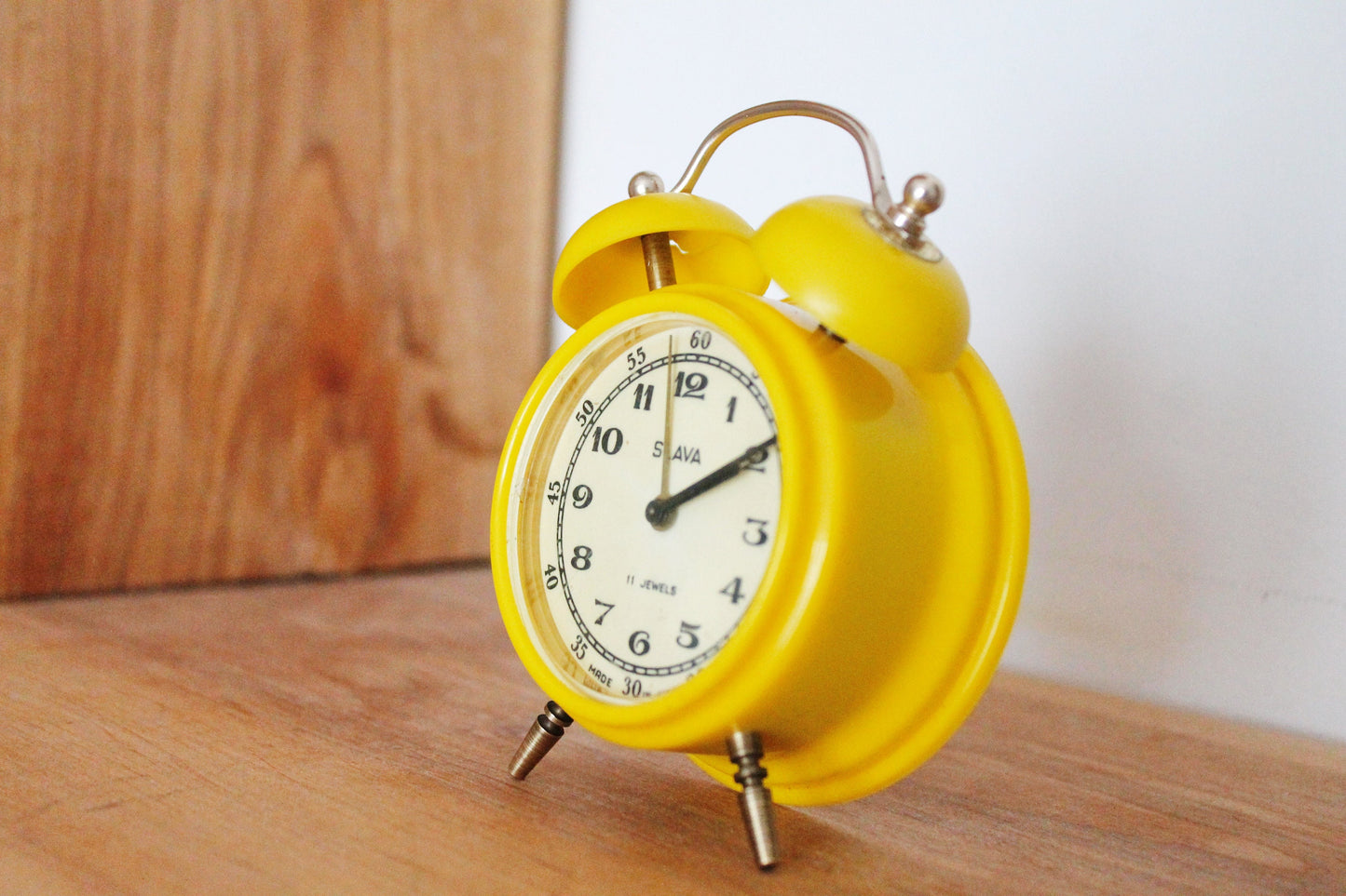 Mechanical yellow alarm clock Slava - Shabby chick vintage clock from USSR era - 1960s-1970s - Soviet alarm clock