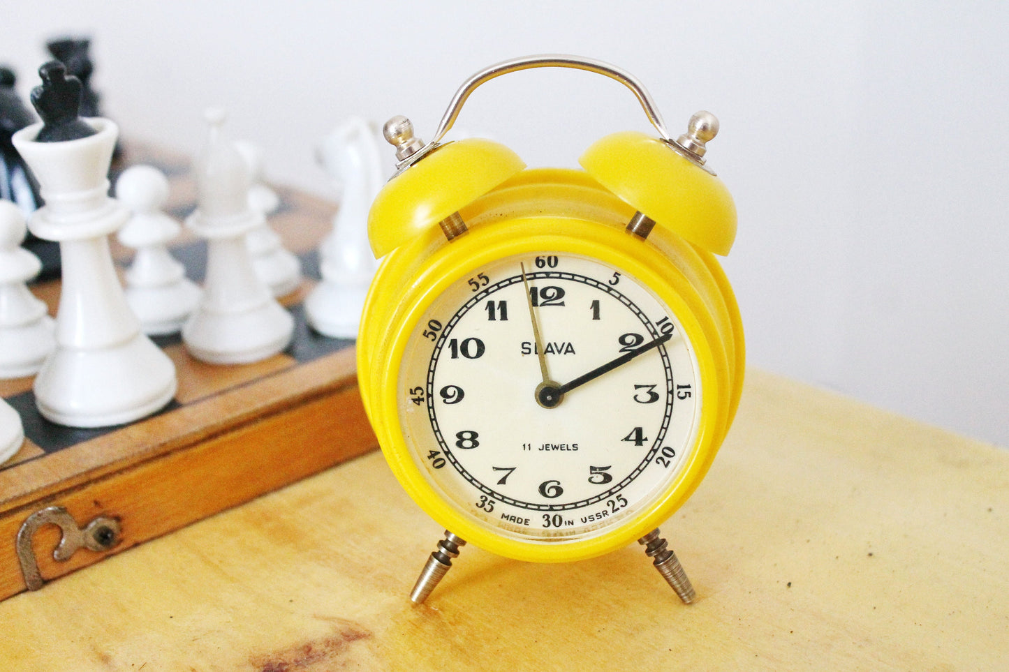 Mechanical yellow alarm clock Slava - Shabby chick vintage clock from USSR era - 1960s-1970s - Soviet alarm clock