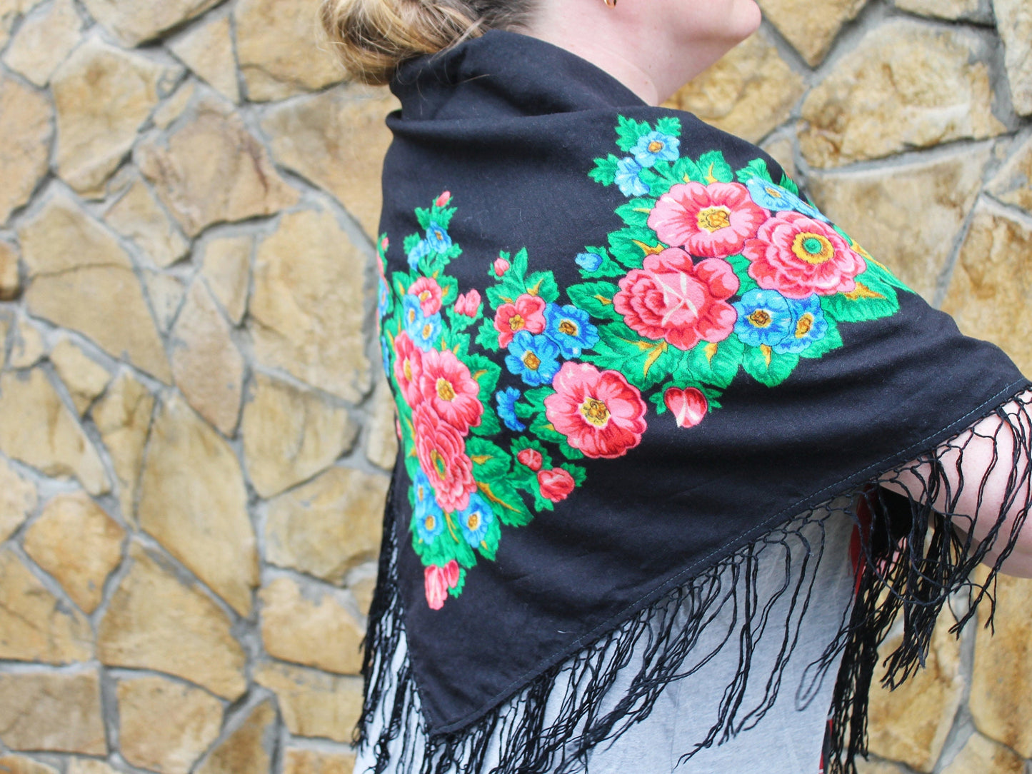 Beautiful floral wool head scarf/shawl 36 inches - made in USSR - Babushka's head scarf - 1970s - Gypsy Shawl - Ethnic Scarf