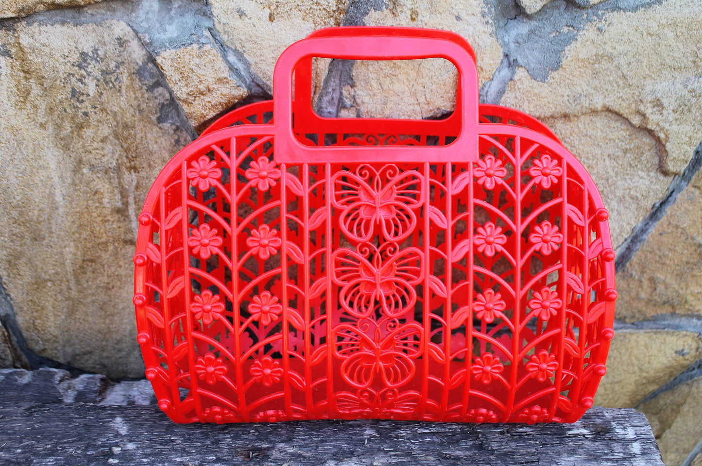 Vintage red kids basket 10 inches - Go shopping - Made in USSR - Plastic basket - Picnic basket - reusable bag - 1980-1990s