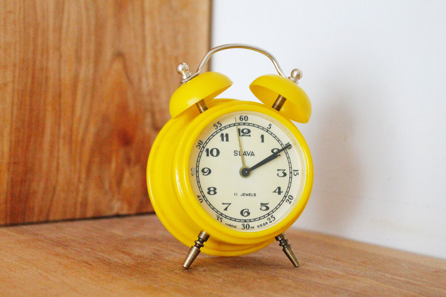 Mechanical yellow alarm clock Slava - Shabby chick vintage clock from USSR era - 1960s-1970s - Soviet alarm clock