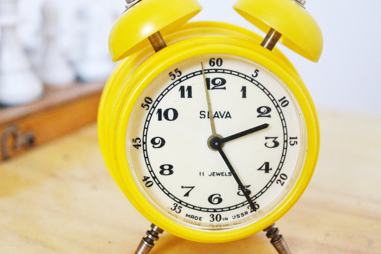 Mechanical yellow alarm clock Slava - Shabby chick vintage clock from USSR era - 1960s-1970s - Soviet alarm clock