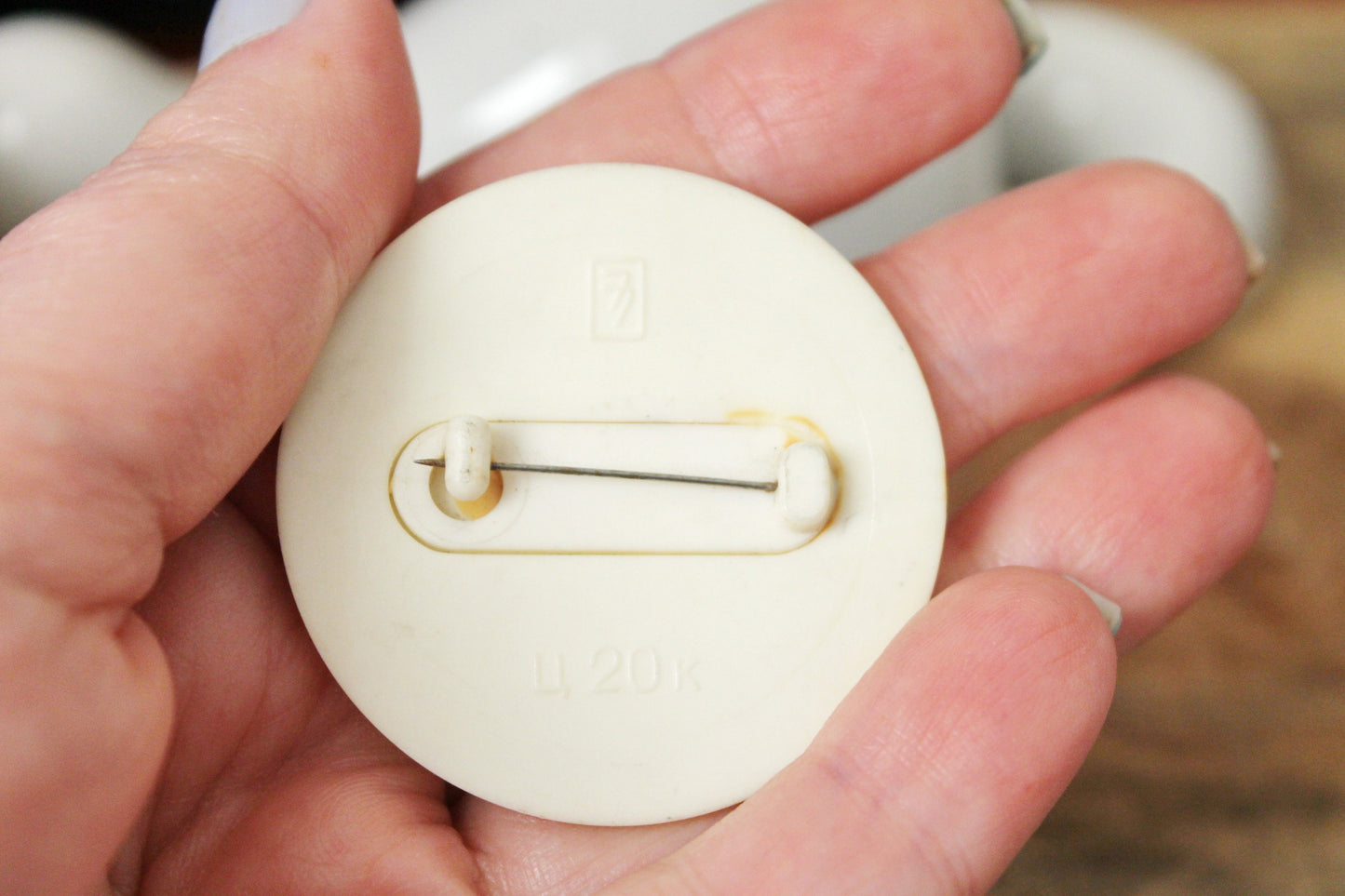 Soviet children's round plastic pin badge - fairytale, made in USSR, 1980s