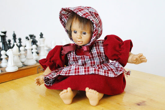 Vintage Germany small doll in bordeaux dress - 10 inches- collectible doll - 1980s
