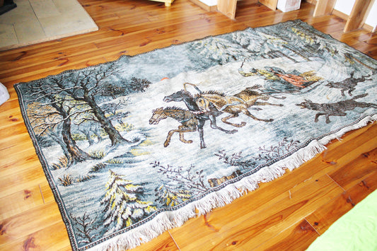 Vintage USSR big wool/cotton tapestry/carpet "Wolves" - 96 inches - Bedspread, wool cover, old carpet, rug - Wall Hanging Rug