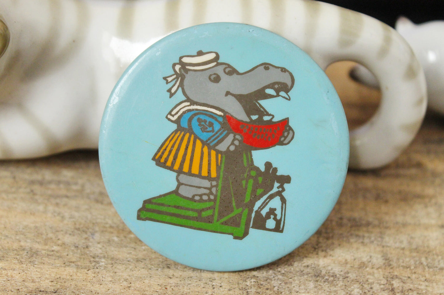 Children's round plastic pin badge Behemoth - fairytale, made in USSR, 1980-1990s
