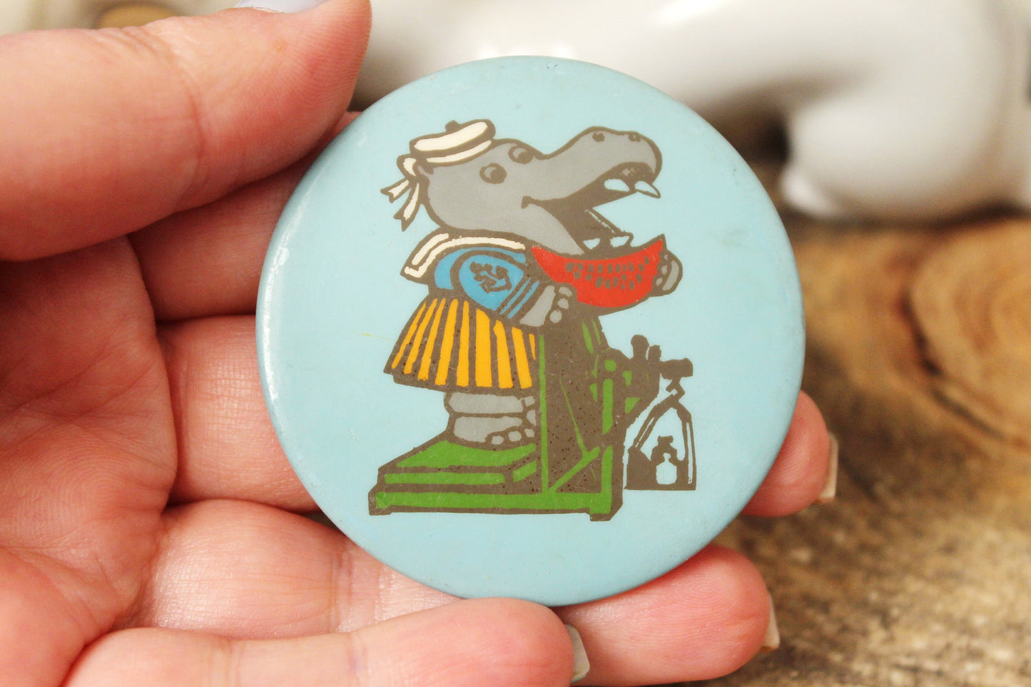 Children's round plastic pin badge Behemoth - fairytale, made in USSR, 1980-1990s