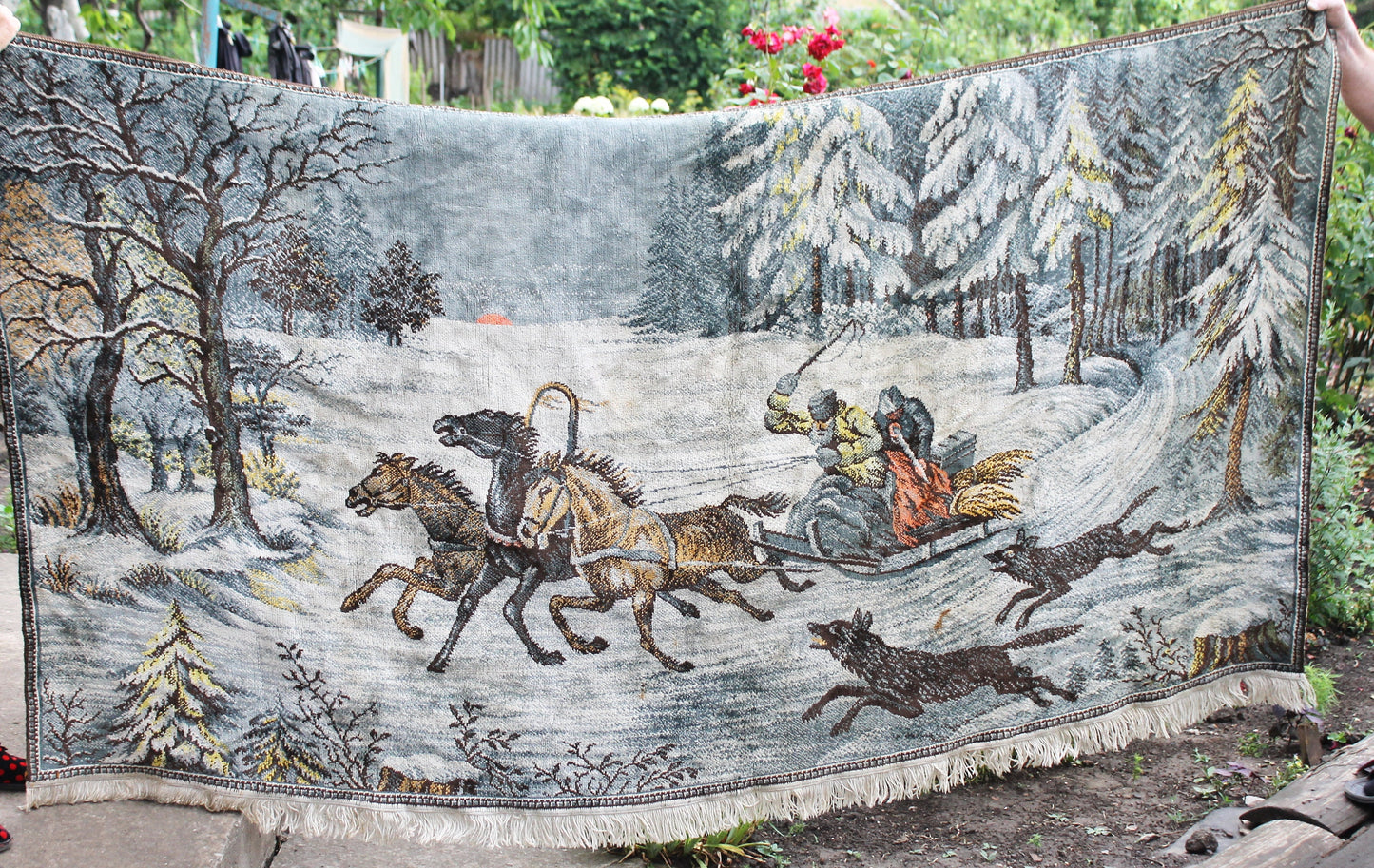 Vintage USSR big wool/cotton tapestry/carpet "Wolves" - 96 inches - Bedspread, wool cover, old carpet, rug - Wall Hanging Rug