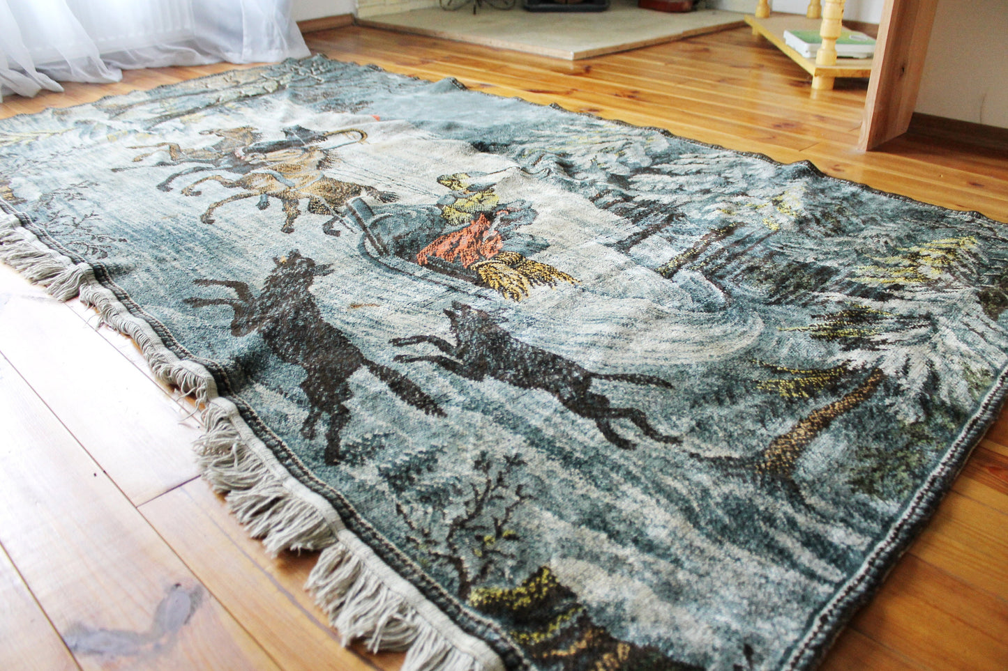 Vintage USSR big wool/cotton tapestry/carpet "Wolves" - 96 inches - Bedspread, wool cover, old carpet, rug - Wall Hanging Rug
