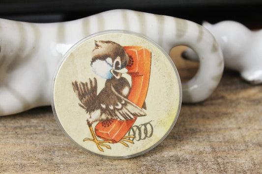 Children's round plastic pin badge a bird with a phone 2.1 inches - cartoon hero, made in USSR, 1970-1980s