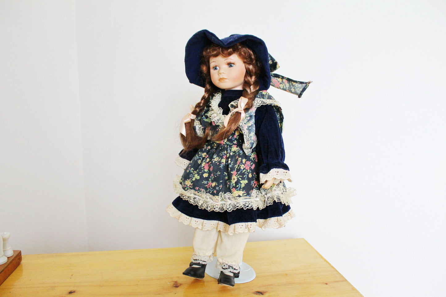Vintage porcelain Germany cute doll on a stand - 16.5 inches - Collectible doll - 1970-1980s