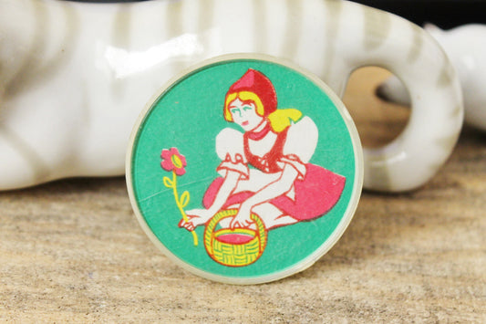 Children's round plastic pin badge - Red Riding Hood 1.9 inches - cartoon hero, made in USSR, 1970-1980s