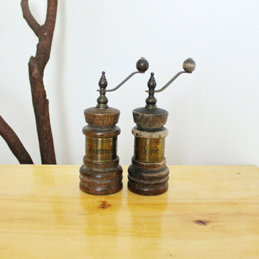 Set of two vintage wooden kumin and pepper mills - made in Germany - kitchen decor - 1970-1980s