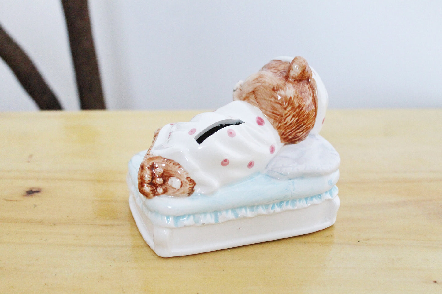Porcelain Sleepy Bear Piggy Bank 5.1 inches - Vintage Piggy Bank - Home decor - Made in Germany 1980-1990s