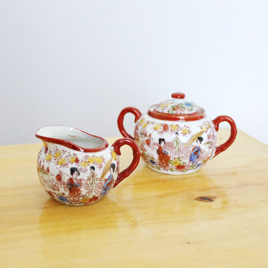 Beautiful oriental vintage ceramic set sugar bowl and creamer - 1980s