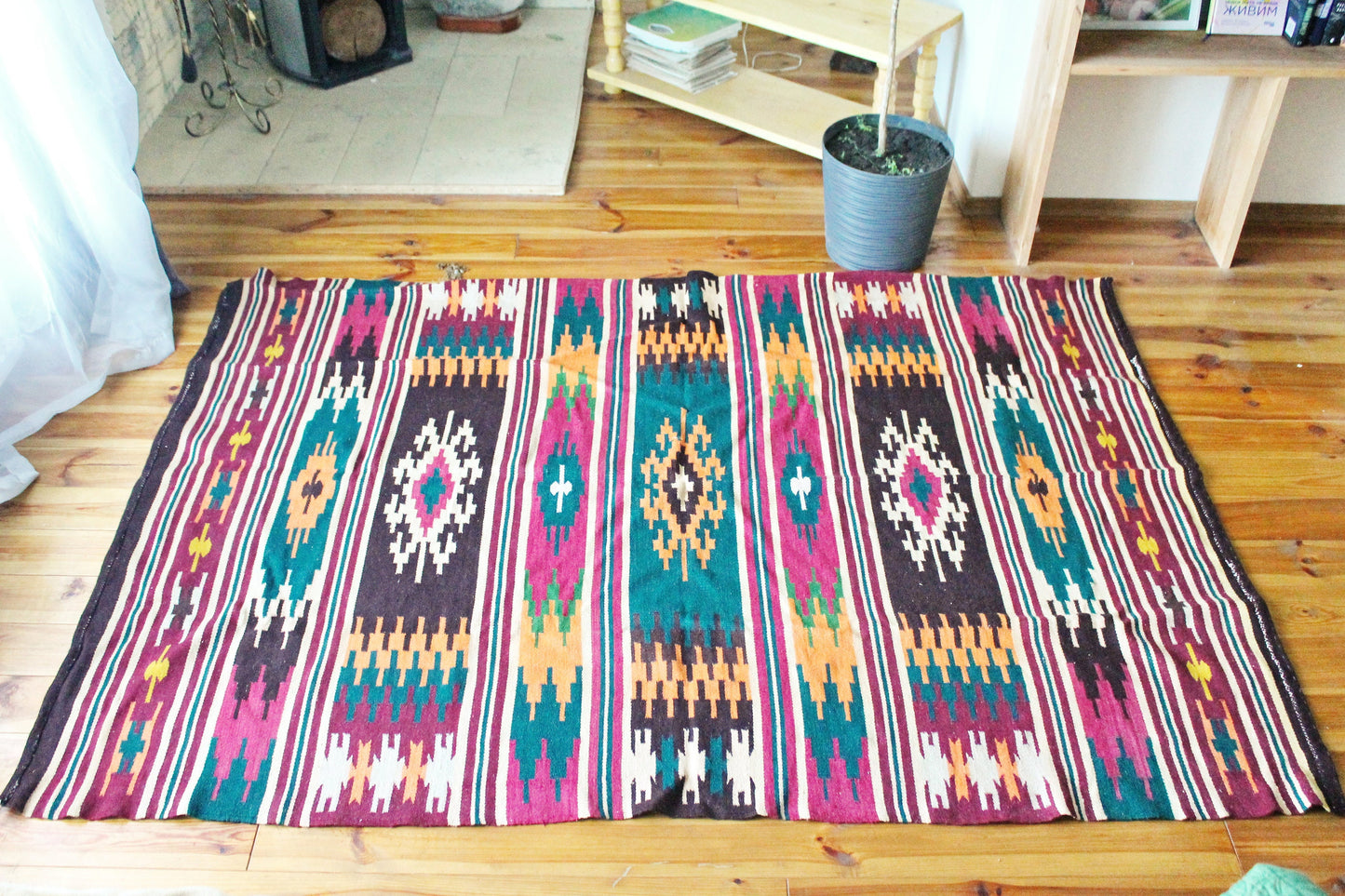 Vintage USSR big wool carpet - Traditional Ukrainian carpet - 85 inches - Bedspread, wool cover, old carpet, rug - Wall Hanging Rug