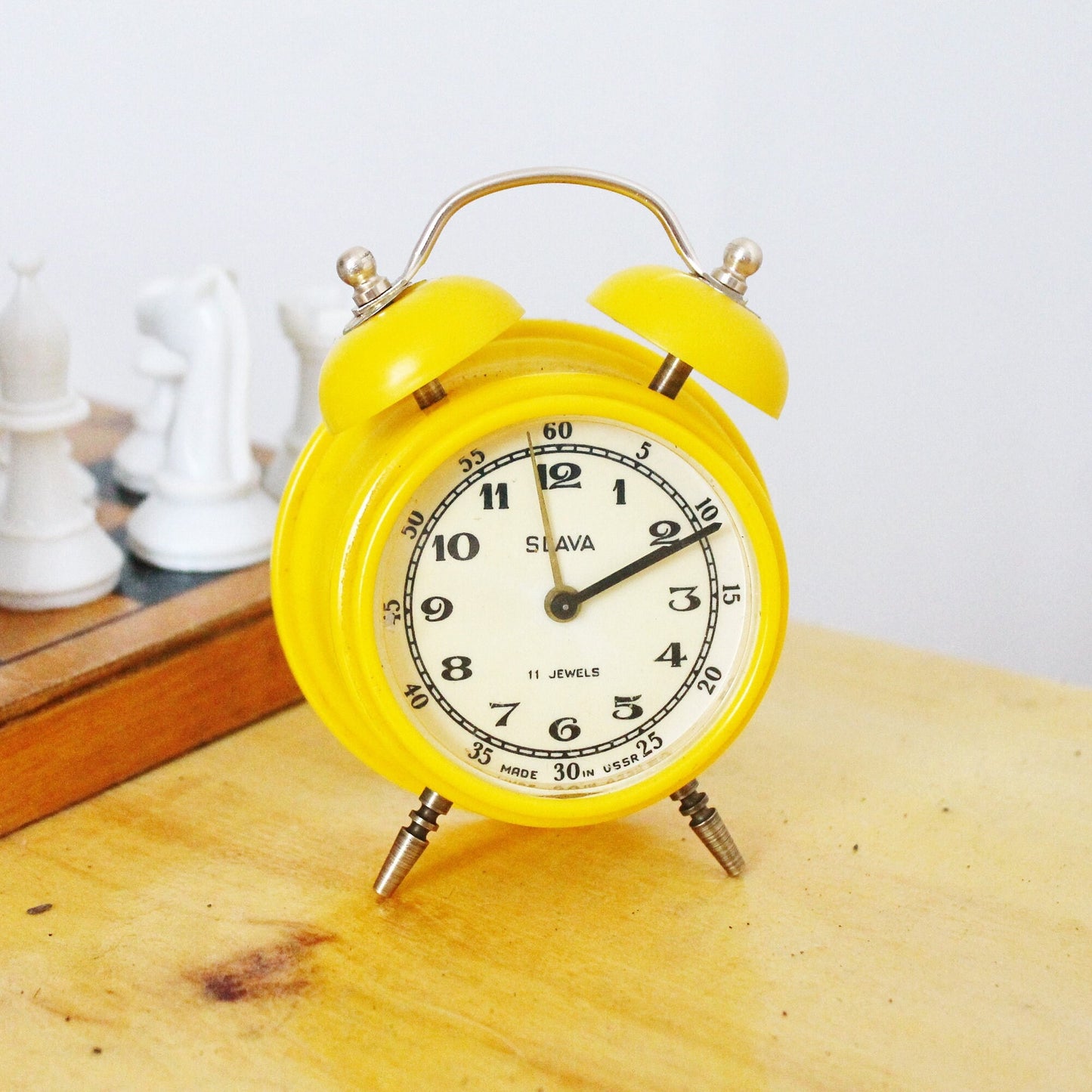 Mechanical yellow alarm clock Slava - Shabby chick vintage clock from USSR era - 1960s-1970s - Soviet alarm clock