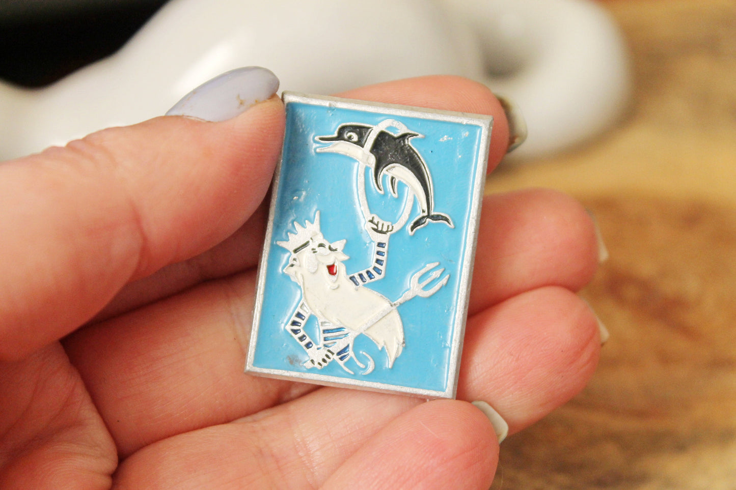 Vintage soviet children's pin badge - Sea King with dolphin - animal, fairytale, made in USSR, 1970s