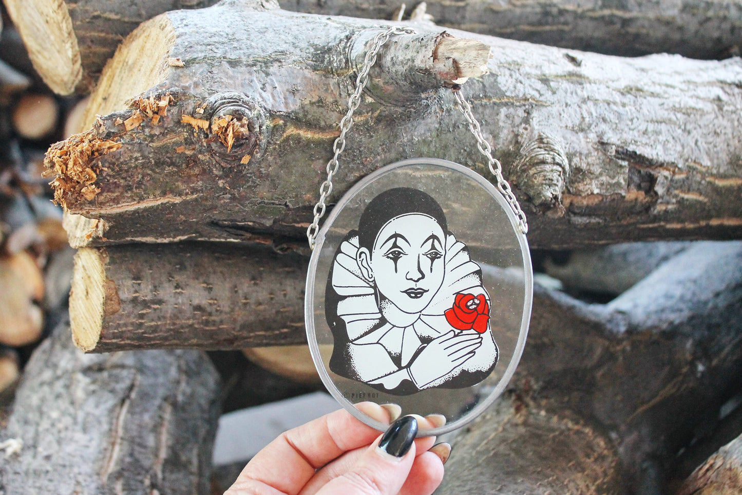 Vintage Decorative Hand Painted Stained Glass Window on the chain - Pierrot - 4.3 inches - Germany vintage - 1980s