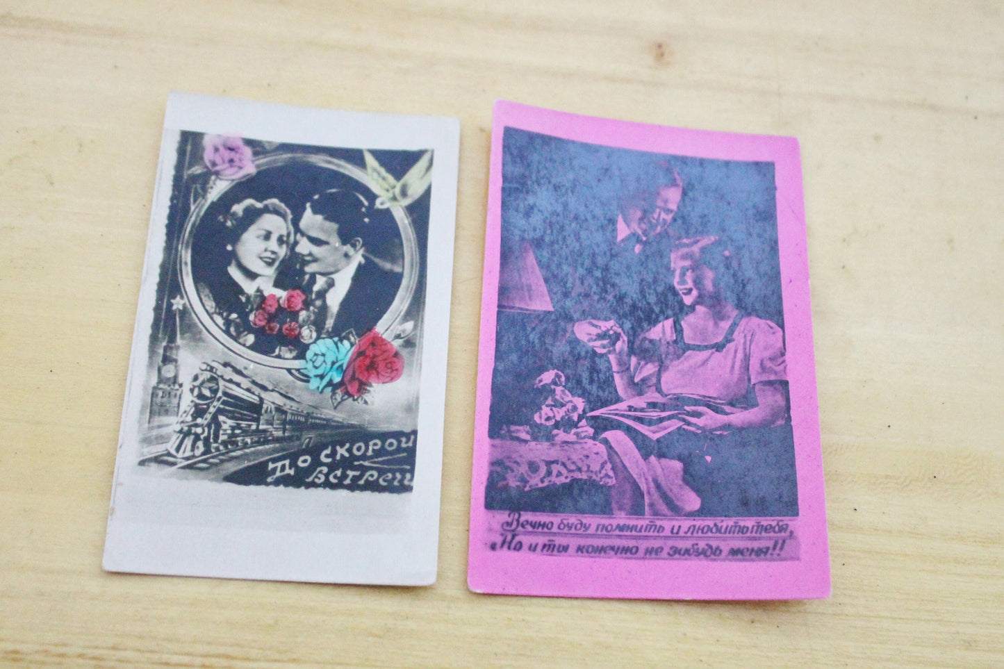 Set of two Old vintage small photo postcard - old USSR postcard with the poem - 1960s